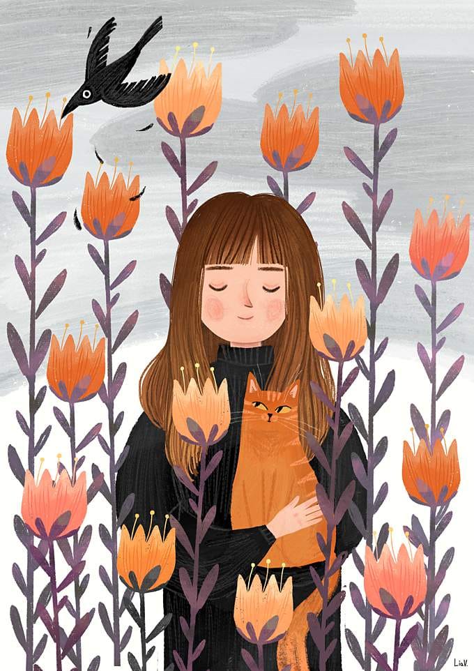 Girl with cat illustration portrait