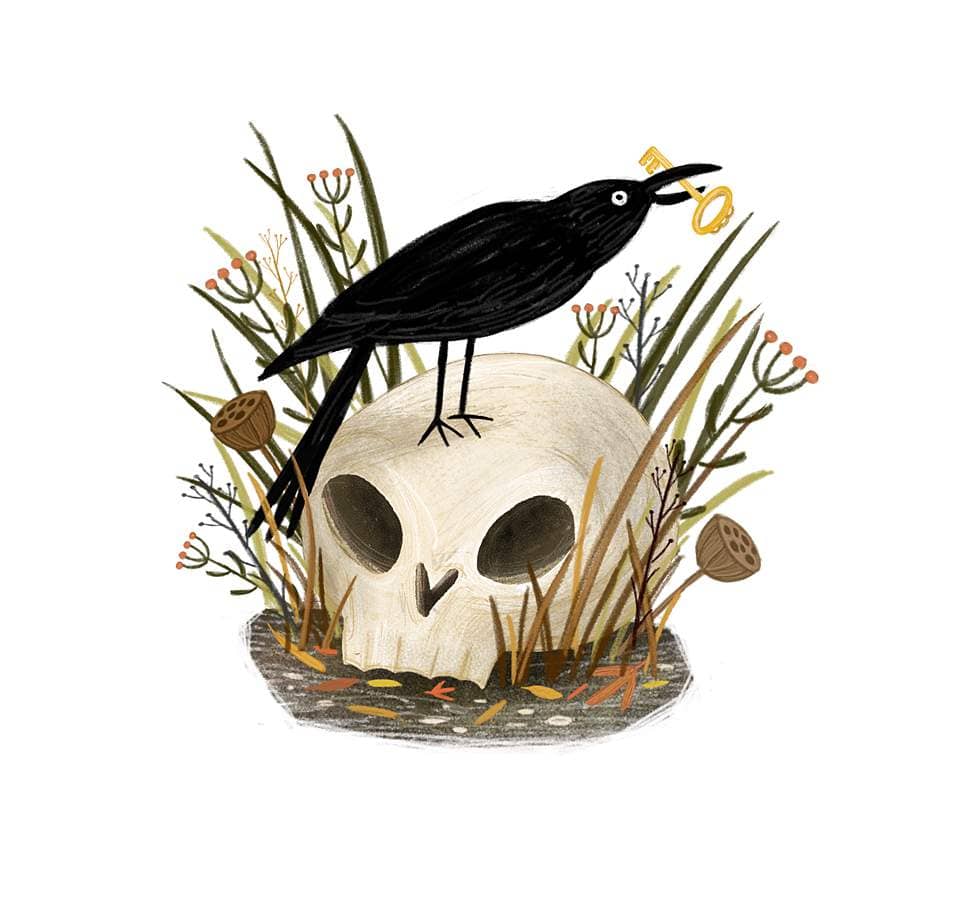 Halloween illustration crow and key