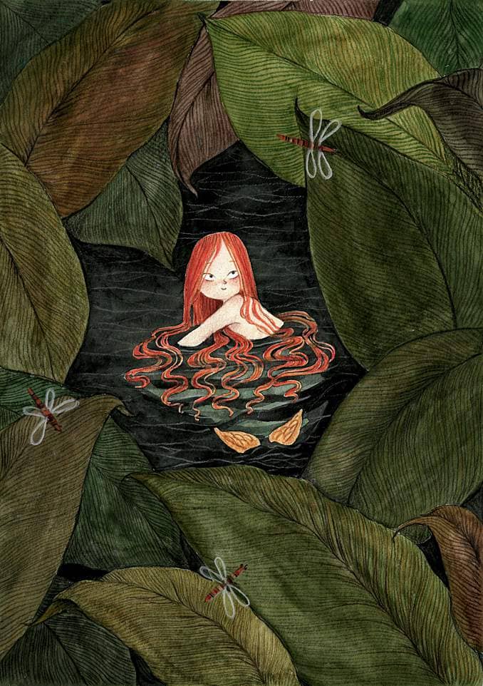 pond mermaid and leaves
