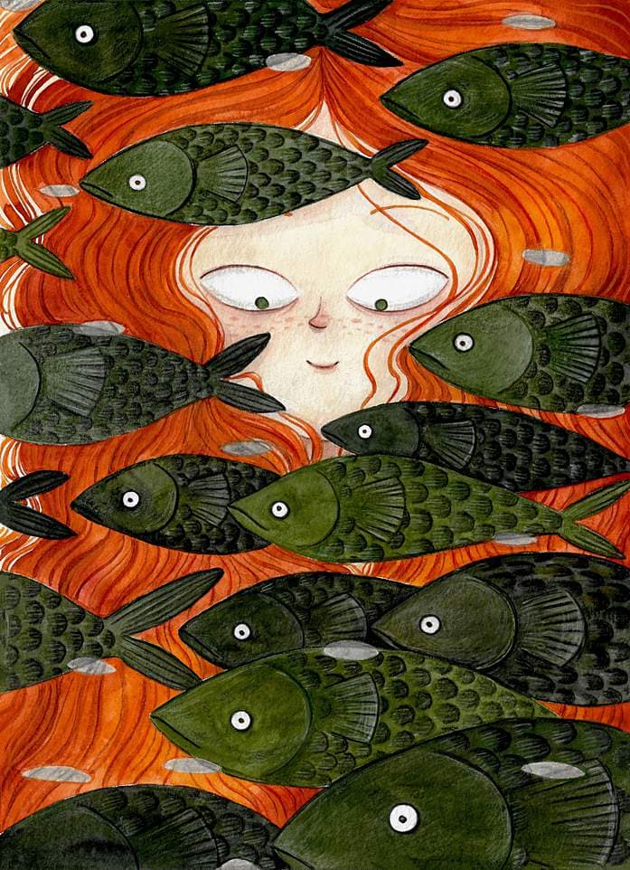 pond mermaid with fish illustration